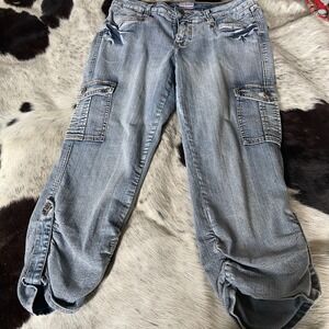 VTG Y2K No Boundaries Jr 11 Blue Denim Jeans Embellished Pockets Cargo Capris